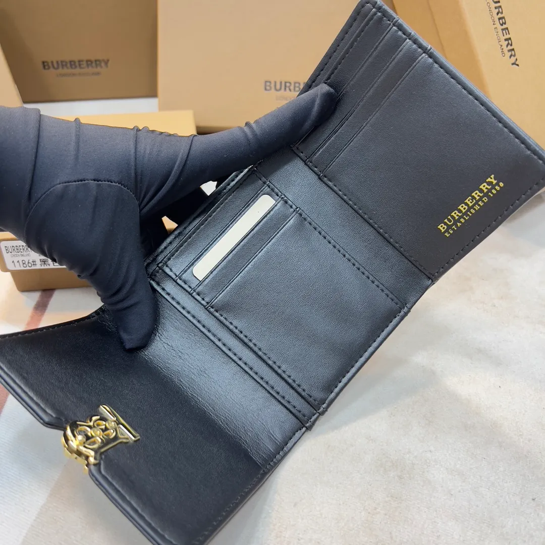 p170 [Burberry•Burberry] Original product🇮🇹~~🎉 Vintage exquisite folding short clip, made of spliced ​​calfskin material👍Counter quality, fine workmanship💋Real shot📷,🆔🆔1186 black, size: 8.5cm*4cm*9cm