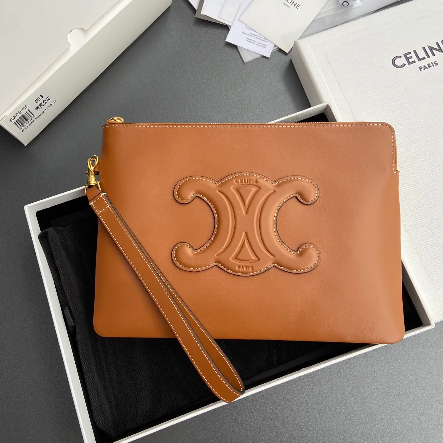 [Special grade pure steel hardware original leather] ¥860 TRIOMPHE smooth full leather clutch bag/No.: 10J502FES.04LU 502 503 Yellow brown full leather Size: w25×h17.5×d1cm