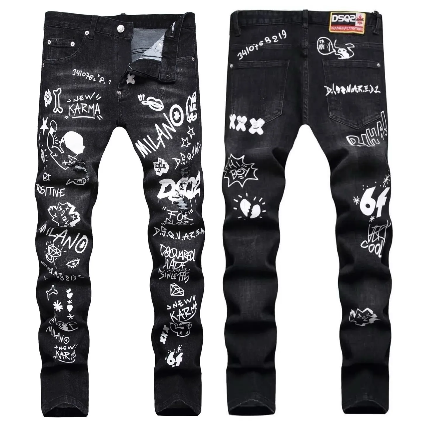P186 💰 D2 new embroidered men's ripped trendy jeans, elastic personalized patches, slim fit, beggar's pants with small feet, top-quality materials, super soft high cotton washed denim fabric, each piece of washed denim fabric costs up to three times more than the conventional process. The touch is extremely delicate and the texture is very good. The whole body is simple and elegant. The back pocket of the trousers uses high-end direct injection technology. It is extremely exquisite. Full marks for details. Color: Picture color Size: 30-22-34-36 (corresponding to M-L-XL-XXL)