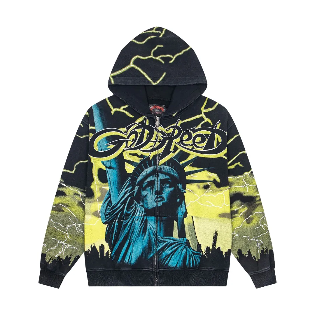 G56# GodSpeed ​​all-over HD printed washed zipper sweatshirt Size S-XL black blue black red black yellow P266