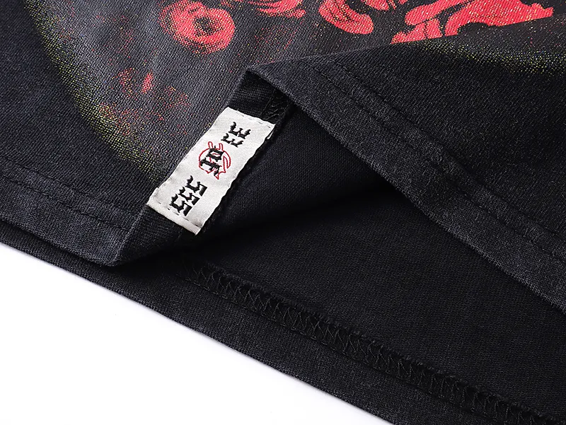 1077# P126 Washed Black Real Shot Godspeed American Fashion Rock Street Retro Washed Distressed Printed Pure Cotton Short Sleeves Fabric: 250g 32 Count Fine Cotton Double Yarn Pure Cotton Color: Washed Black Size: S M L XL