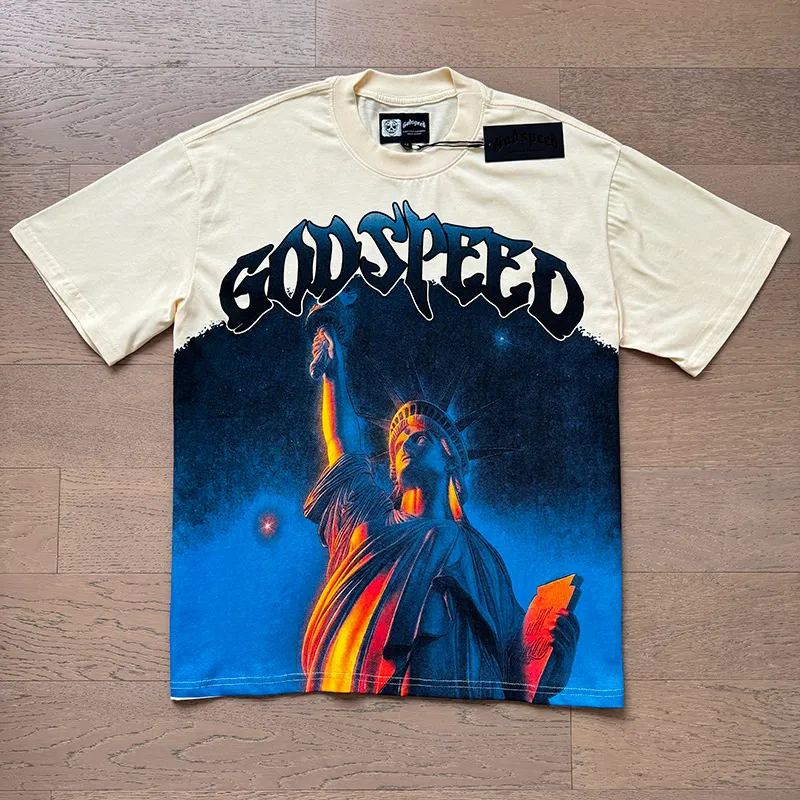 3133# P106 Real shot Godspeed American fashion rock street retro loose printed cotton short sleeves Fabric: 240g 32 count fine cotton double yarn pure cotton Color: apricot Size: S M L XL