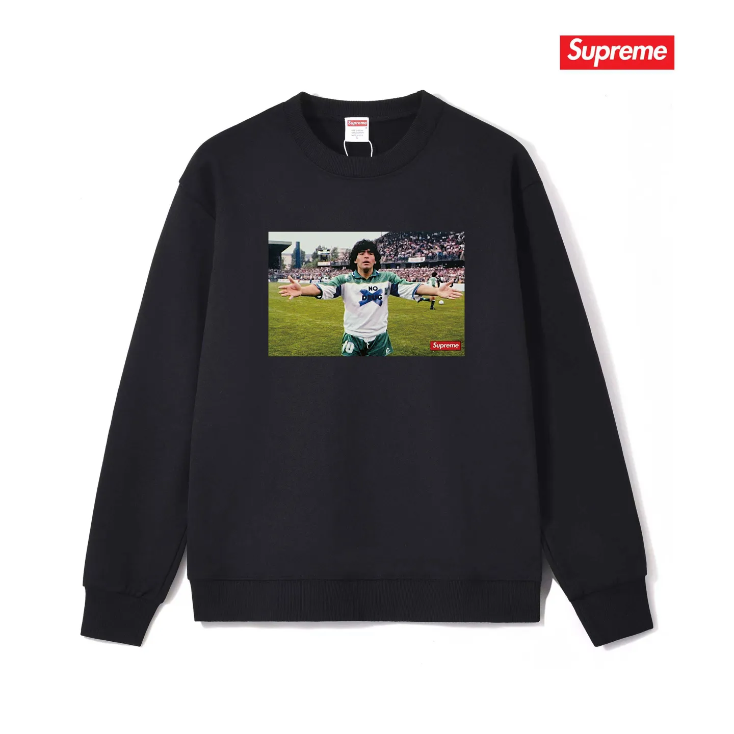 Style No. S1068 #terry p150💰 Velvet 160💰 Supreme SS24 WEEK1 Maradona No Drug character tee round neck sweatshirt Made of 400g large terry (drop shoulder large version) fabric, soft texture and no pilling Imported environmentally friendly printing glue The pattern is bright and three-dimensional Quality 💥 Same style for men and women The upper body is trendy Color: black white gray Size: S M L XL XXL
